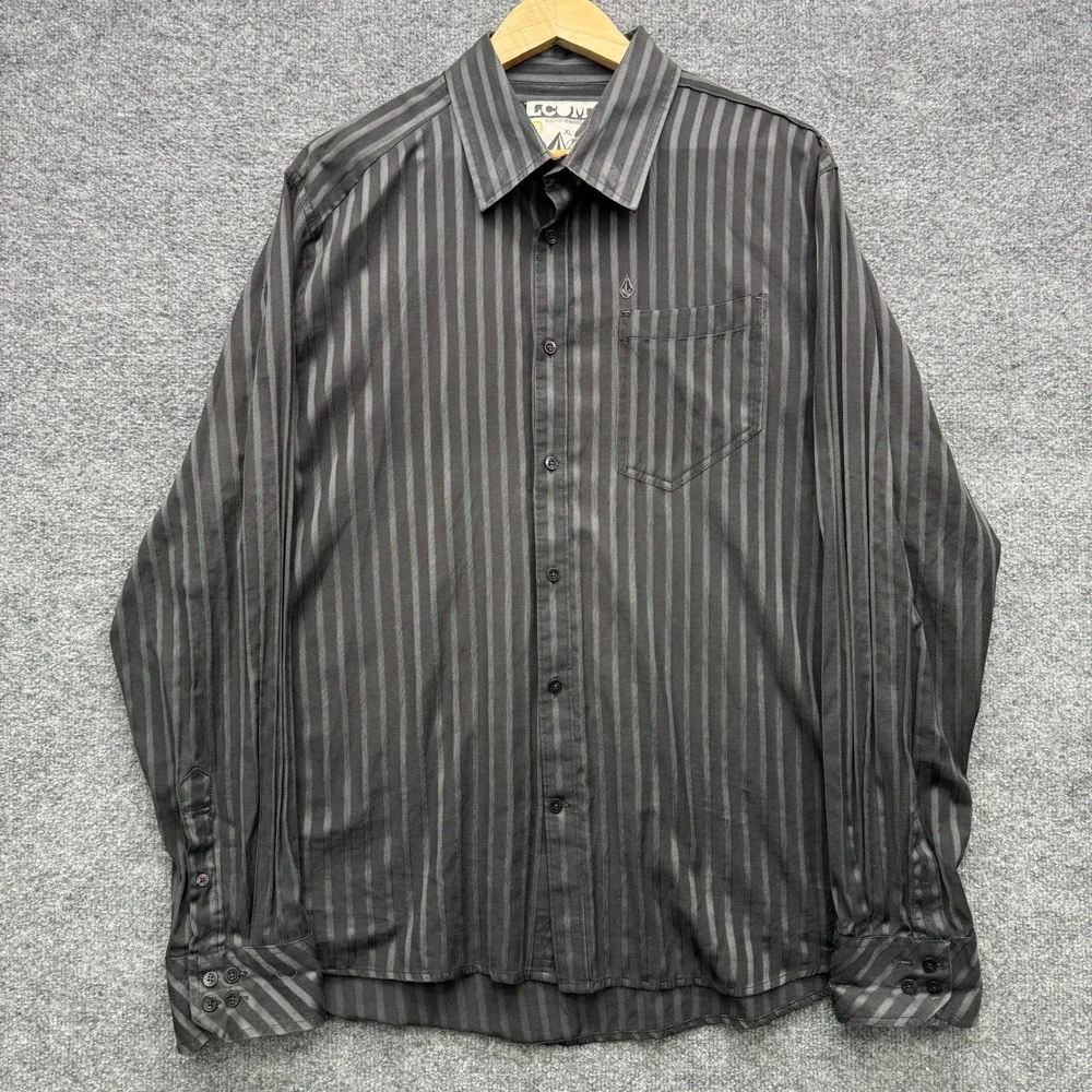 Volcom Slightly Removed Button Shirt Mens XL Black Gray Long Sleeve Casual‎
